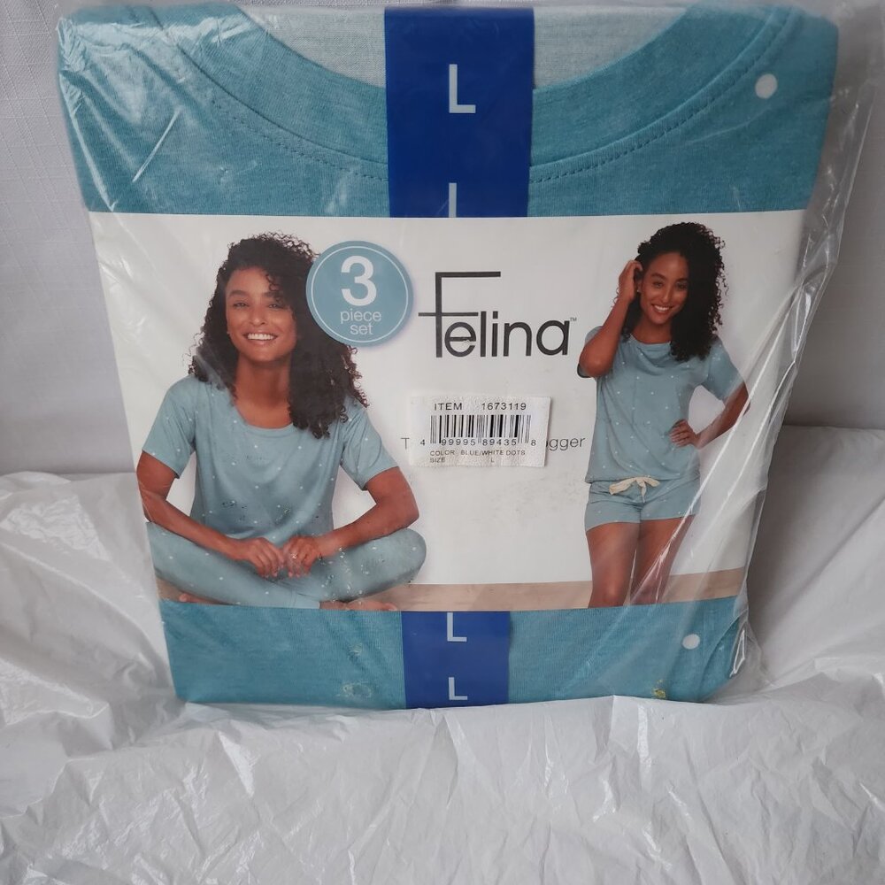Blue Felina 3-piece Loungewear Set in Tee, Short, Jogger New size Large Women.